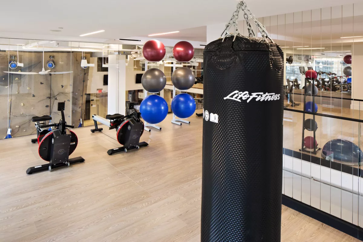 Fitness studio with punching bag, exercise balls, and open training space.