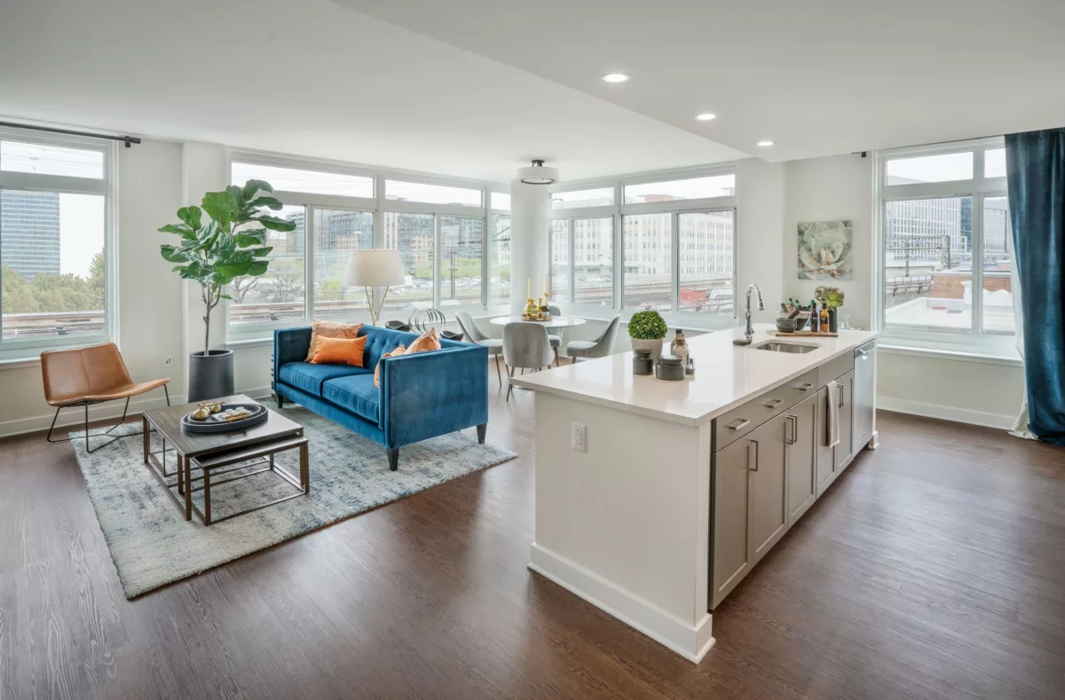 Union Place kitchen island and living room